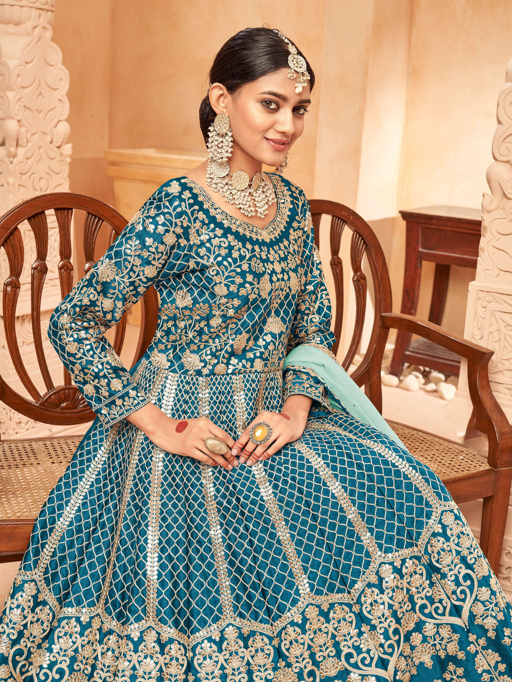 Monjolika Fashion Teal Color Art Silk Embroidered Anarkali Salwar Kameez | Grocsy
