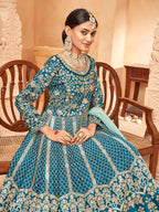 Monjolika Fashion Teal Color Art Silk Embroidered Anarkali Salwar Kameez | Grocsy