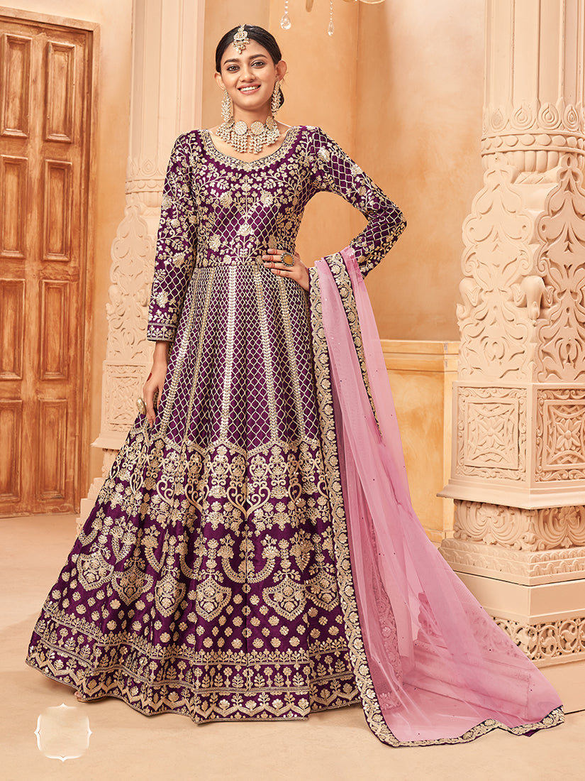 Monjolika Fashion Purple Color Art Silk Embroidered Anarkali Salwar Kameez | Grocsy