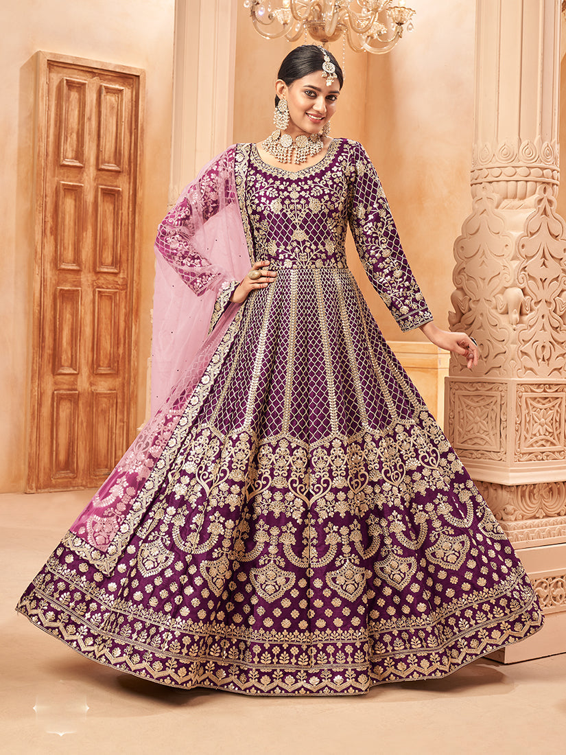 Monjolika Fashion Purple Color Art Silk Embroidered Anarkali Salwar Kameez | Grocsy