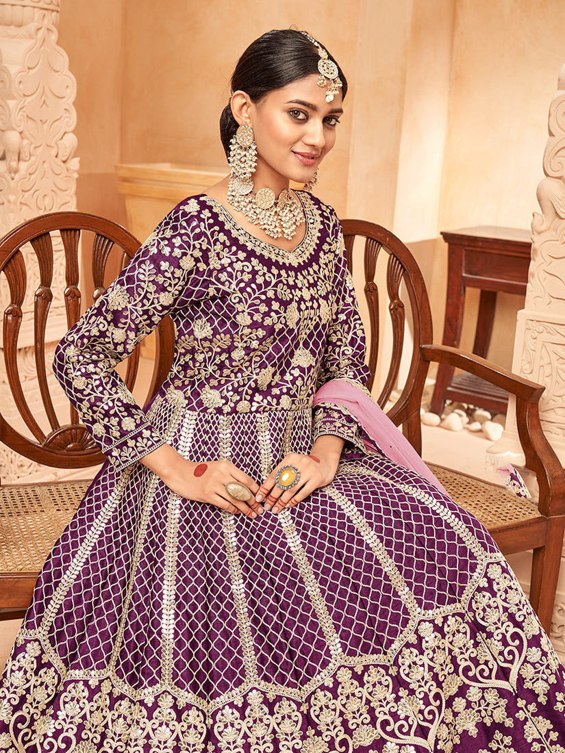 Monjolika Fashion Purple Color Art Silk Embroidered Anarkali Salwar Kameez | Grocsy