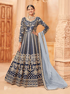 Monjolika Fashion Navy Blue Color Art Silk Embroidered Anarkali Salwar Kameez | Grocsy