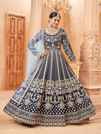 Monjolika Fashion Navy Blue Color Art Silk Embroidered Anarkali Salwar Kameez | Grocsy
