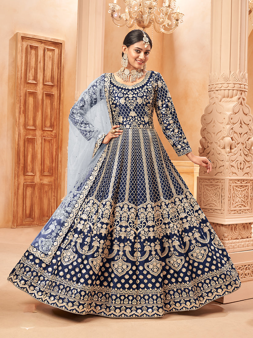 Monjolika Fashion Navy Blue Color Art Silk Embroidered Anarkali Salwar Kameez | Grocsy
