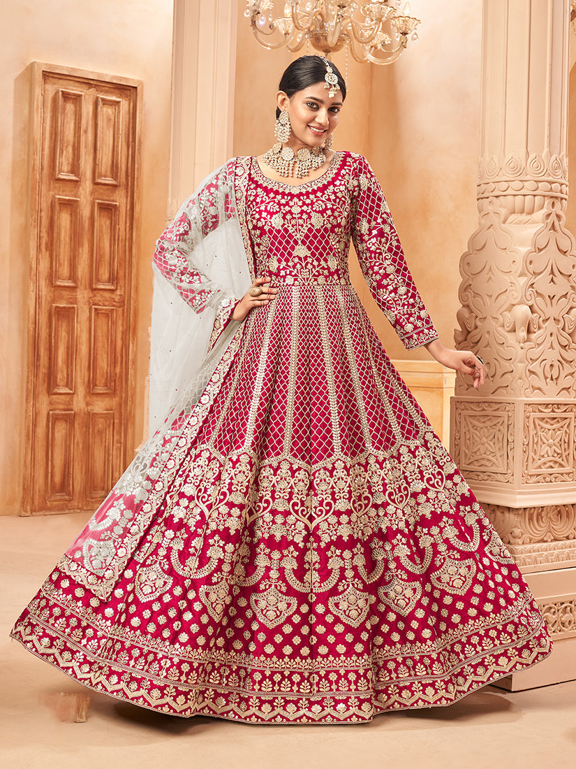 Monjolika Fashion Rani Pink Color Art Silk Embroidered Anarkali Salwar Kameez | Grocsy
