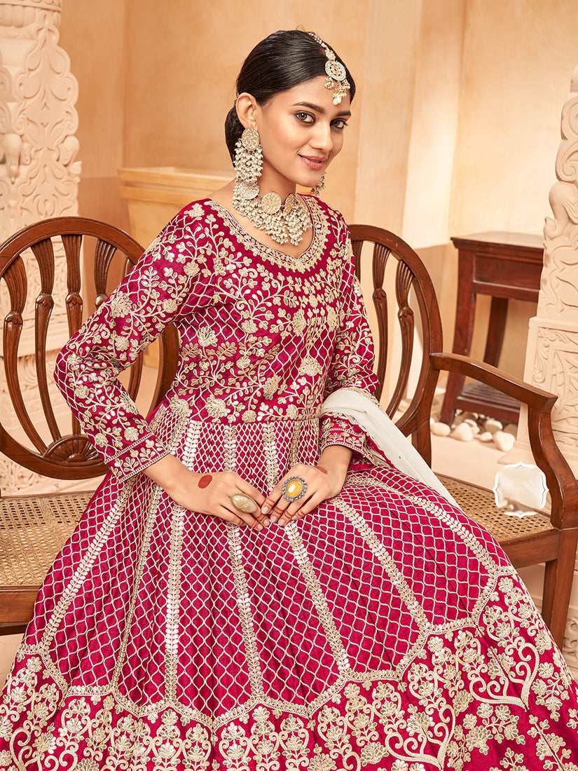 Monjolika Fashion Rani Pink Color Art Silk Embroidered Anarkali Salwar Kameez | Grocsy