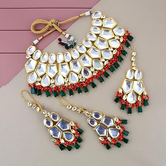 Tehzeeb Creations Back Meenakari Gold-Polished Multicolor Color Tika Earring Jewellery Set Uncut Big Faux Kundan Dibbi Kundan Choker Necklace Set | Grocsy