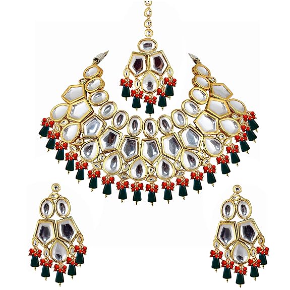 Tehzeeb Creations Back Meenakari Gold-Polished Multicolor Color Tika Earring Jewellery Set Uncut Big Faux Kundan Dibbi Kundan Choker Necklace Set | Grocsy