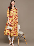 HERE&NOW Ethnic Motifs Printed Shirt Collar Pure Cotton Anarkali Kurta | Grocsy