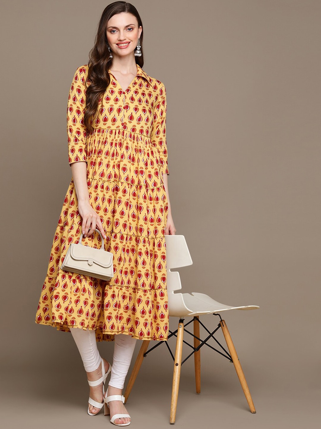 HERE&NOW Ethnic Motifs Printed Shirt Collar Pure Cotton Anarkali Kurta | Grocsy