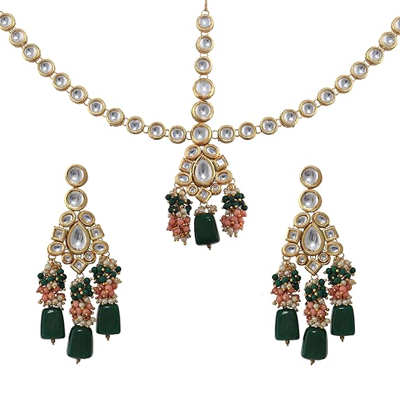 Tehzeeb Creations Gold-Polished Multicolor Kundan Stone/Uncut Kundan/Dibbi Kundan/Meena Kundan/Lucknow Kundan Bridal Set for Girls & Women | Grocsy