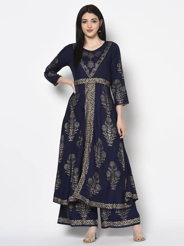 Aniyah Rayon Navy Blue Color Gold Print Flared Slip-On Palazzo (AN-193K) | Grocsy
