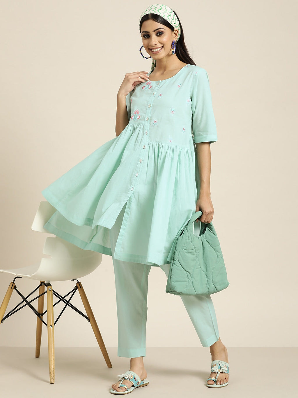 Sangria Women Turquoise Blue Floral Embroidered Kurta with Palazzos | Grocsy
