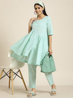 Sangria Women Turquoise Blue Floral Embroidered Kurta with Palazzos | Grocsy
