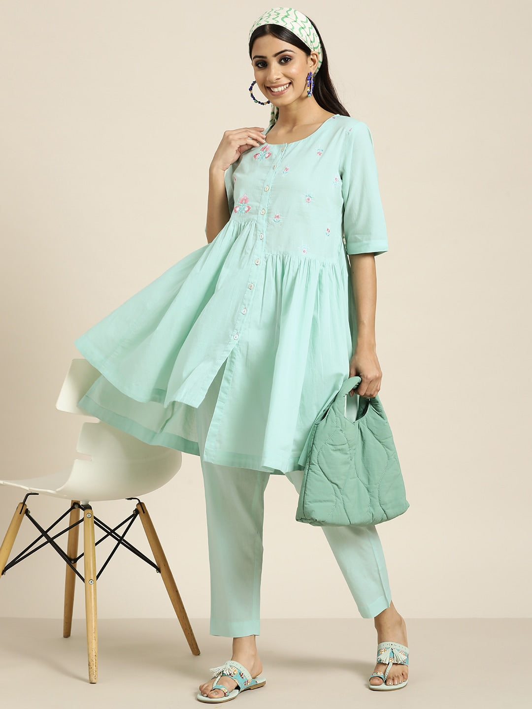 Sangria Women Turquoise Blue Floral Embroidered Kurta with Palazzos | Grocsy