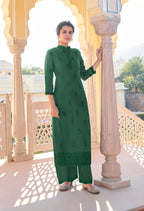Monjolika Fashion Dark Green Embroidered Muslin Pant Style Suit | Grocsy