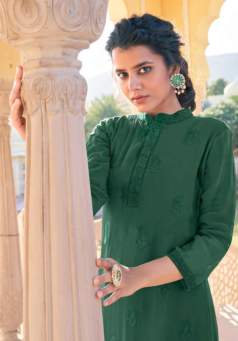 Monjolika Fashion Dark Green Embroidered Muslin Pant Style Suit | Grocsy