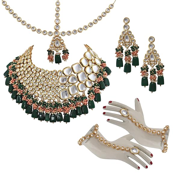 Tehzeeb Creations Gold-Polished Multicolor Kundan Stone/Uncut Kundan/Dibbi Kundan/Meena Kundan/Lucknow Kundan Bridal Set for Girls & Women | Grocsy