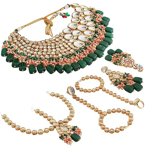 Tehzeeb Creations Gold-Polished Multicolor Kundan Stone/Uncut Kundan/Dibbi Kundan/Meena Kundan/Lucknow Kundan Bridal Set for Girls & Women | Grocsy
