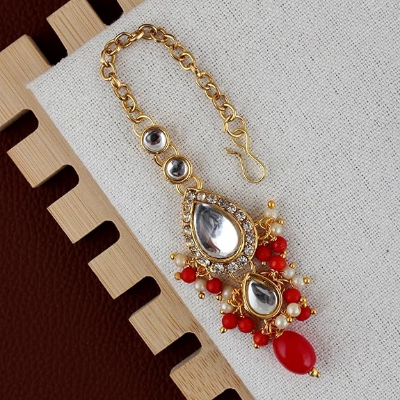 Tehzeeb Creations Gold-Polished White Red Color Tika Earring Necklace Combo Kundan Jewellery Set | Grocsy