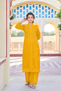 Monjolika Fashion Mustard Embroidered Muslin Pant Style Suit | Grocsy