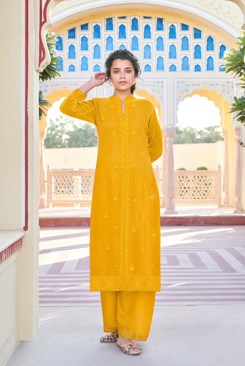Monjolika Fashion Mustard Embroidered Muslin Pant Style Suit | Grocsy