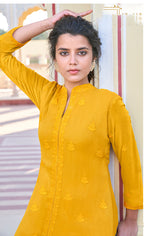 Monjolika Fashion Mustard Embroidered Muslin Pant Style Suit | Grocsy