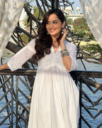 trueBrowns White Cotton Schiffli Flared Anarkali Kurta Set | Grocsy