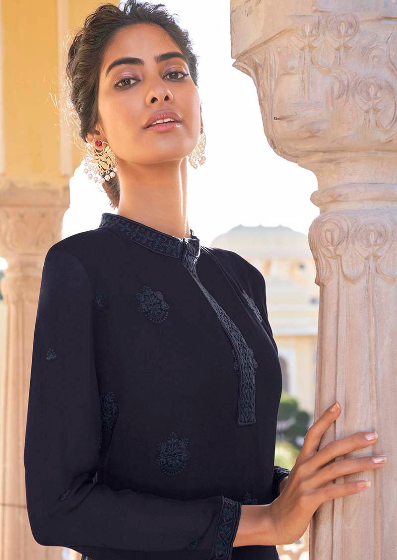 Monjolika Fashion Navy Blue Embroidered Muslin Pant Style Suit | Grocsy