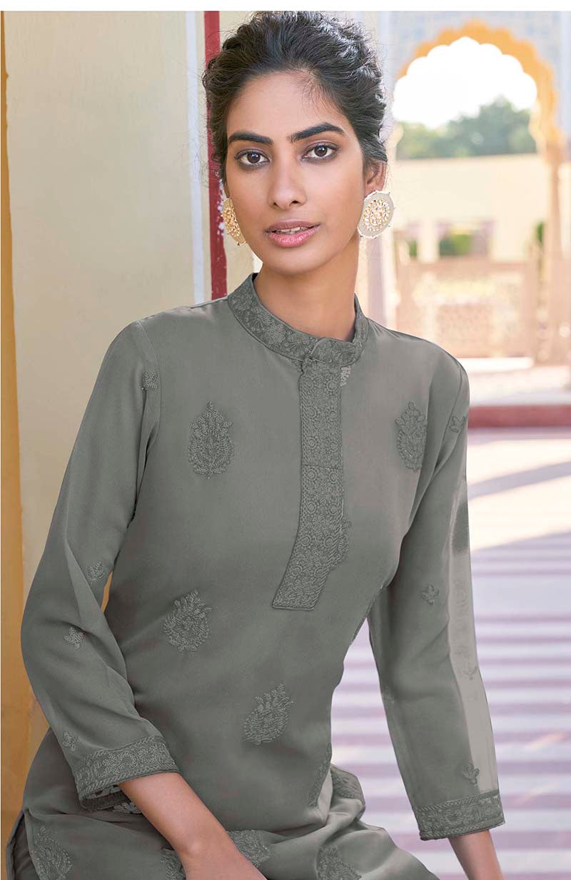 Monjolika Fashion Grey Embroidered Muslin Pant Style Suit | Grocsy