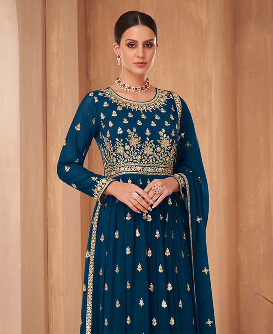 Monjolika Fashion Blue Color Georgette Sequins Work Palazzo Salwar Suit | Grocsy