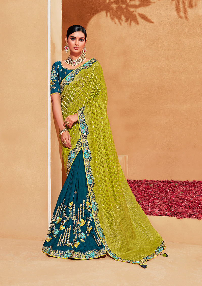 Monjolika Fashion Light Green And Teal Color Heavy Silk Embroidered Half Nd Half Saree | Grocsy