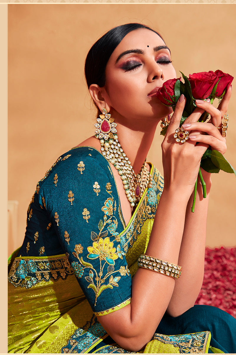 Monjolika Fashion Light Green And Teal Color Heavy Silk Embroidered Half Nd Half Saree | Grocsy