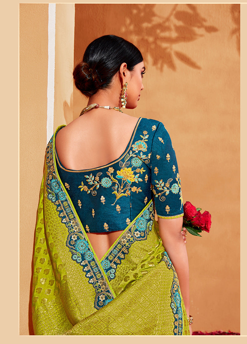 Monjolika Fashion Dark Green Color Silk Ajarak Design Traditional Saree | Grocsy