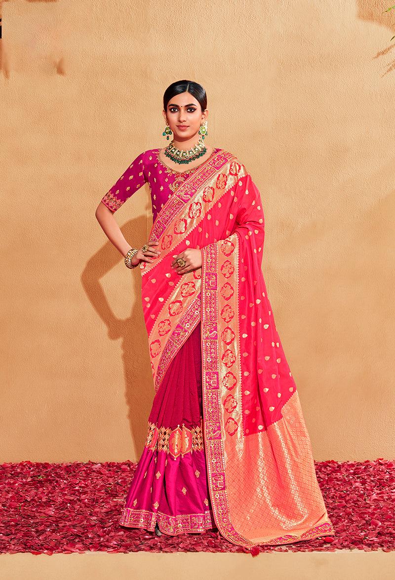 Monjolika Fashion Pink Color Heavy Silk Embroidered Half Nd Half Saree | Grocsy