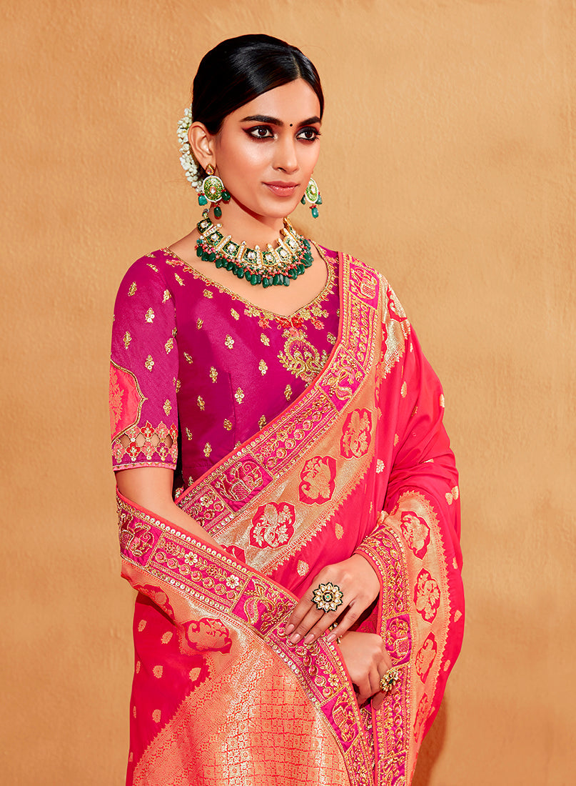 Monjolika Fashion Pink Color Heavy Silk Embroidered Half Nd Half Saree | Grocsy