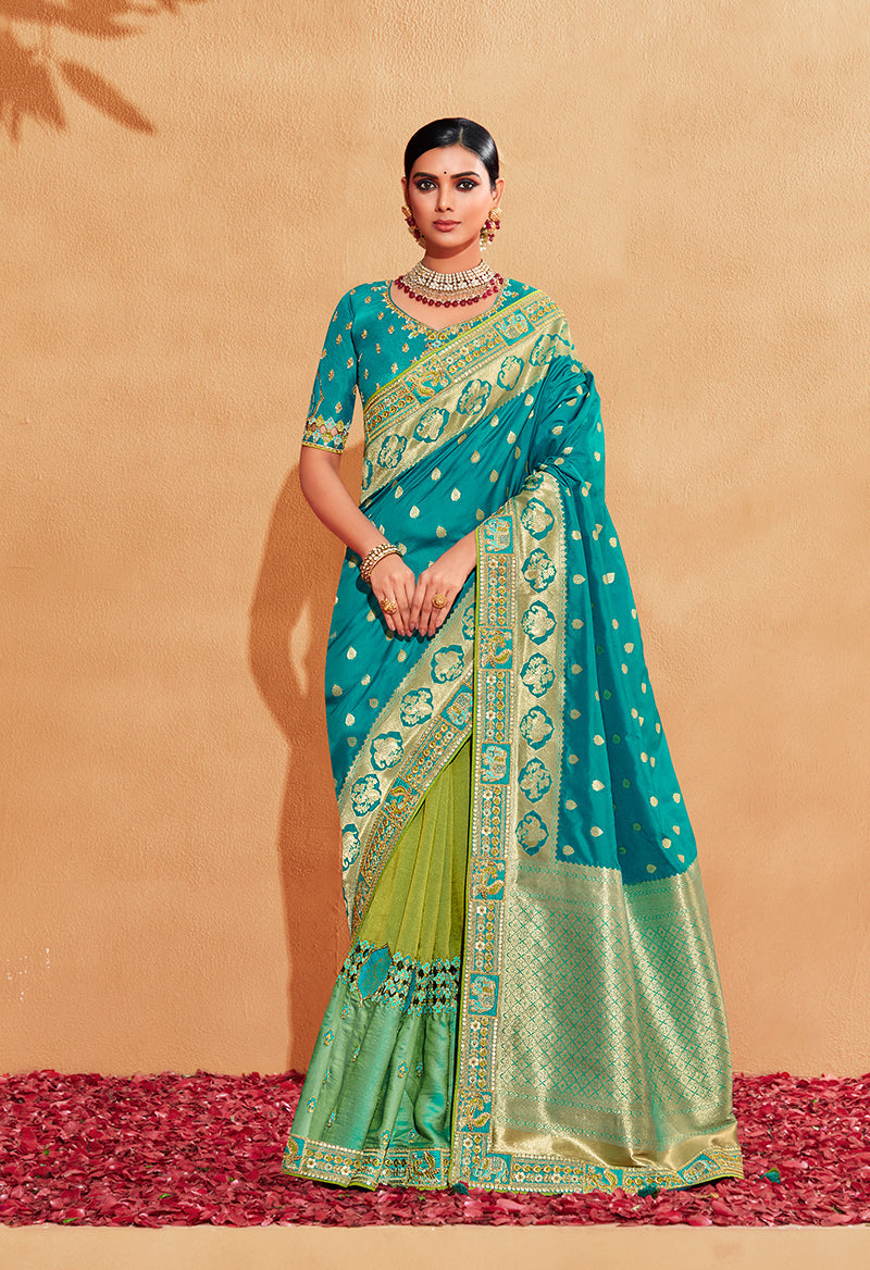 Monjolika Fashion Turquoise Color Heavy Silk Embroidered Half Nd Half Saree | Grocsy