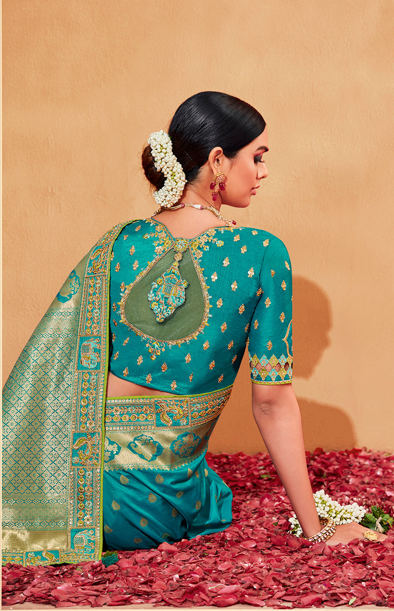 Monjolika Fashion Turquoise Color Heavy Silk Embroidered Half Nd Half Saree | Grocsy