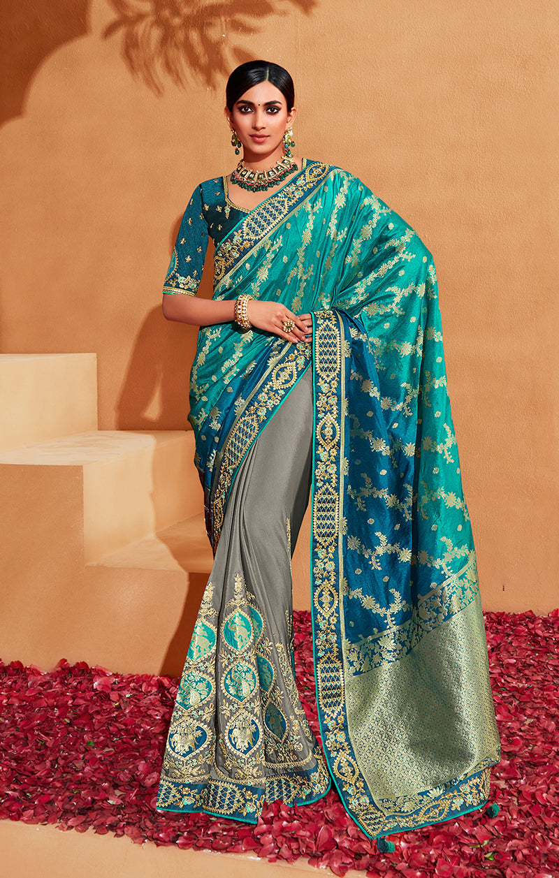 Monjolika Fashion Multi Color Heavy Silk Embroidered Half Nd Half Saree | Grocsy