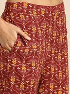 All About You Women Red Floral Embroidered Regular Thread Work Kurta with Trousers | Grocsy