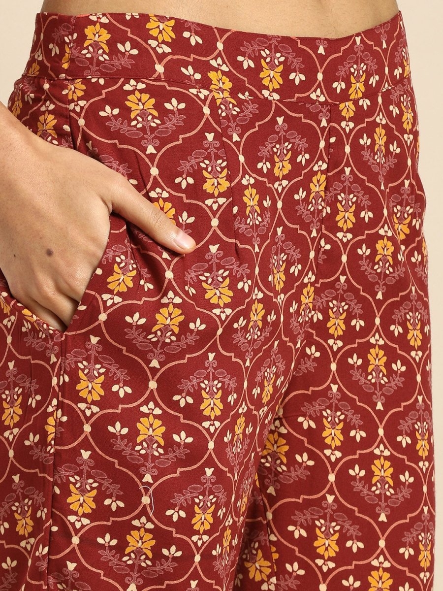 All About You Women Red Floral Embroidered Regular Thread Work Kurta with Trousers | Grocsy
