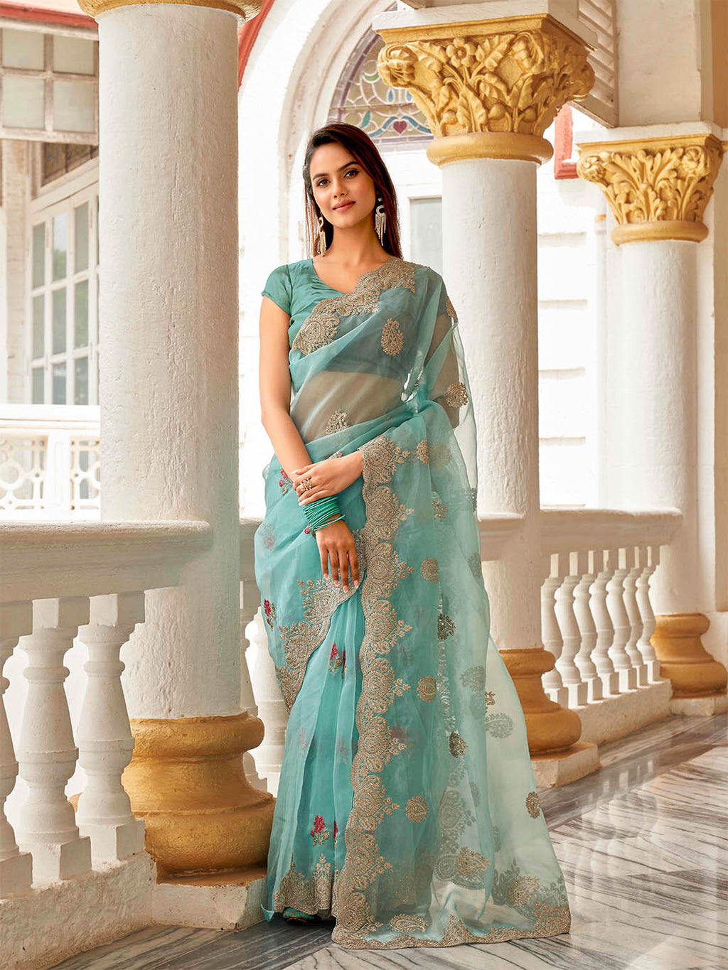 Tikhi Imli Ethnic Motifs Embroidery Organza Heavy Work Saree | Grocsy