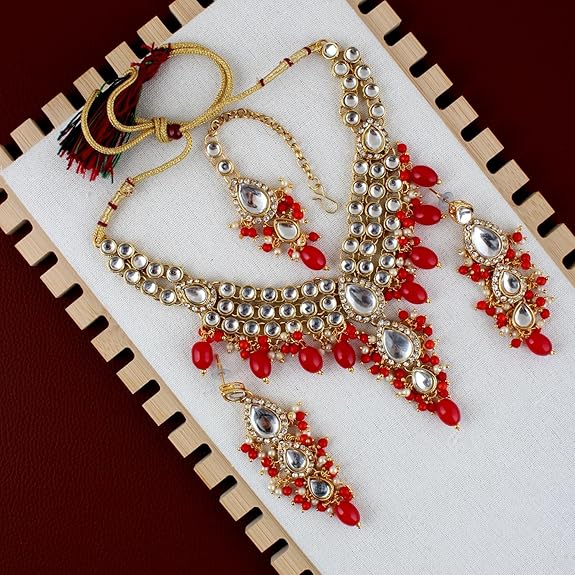 Tehzeeb Creations Gold-Polished White Red Color Tika Earring Necklace Combo Kundan Jewellery Set | Grocsy