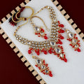 Tehzeeb Creations Gold-Polished White Red Color Tika Earring Necklace Combo Kundan Jewellery Set | Grocsy