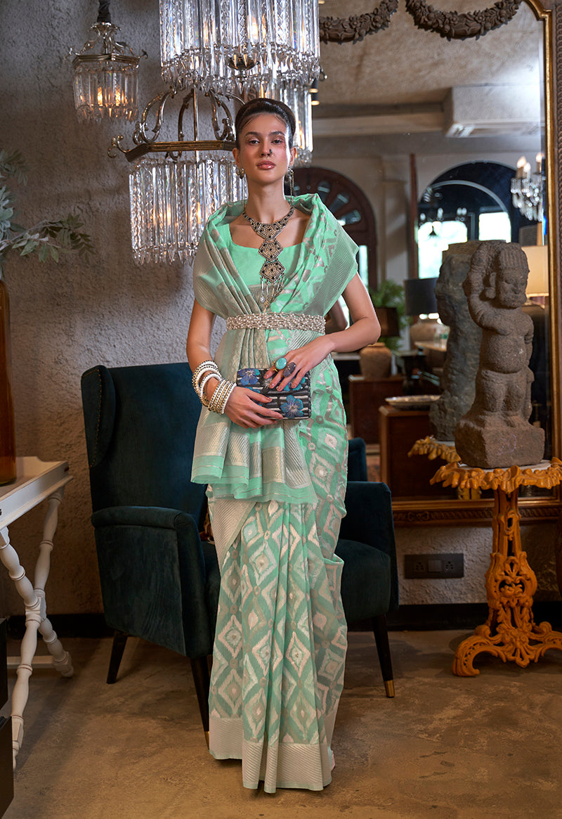 Monjolika Fashion Light Blue Color Linen Trendy Saree With Blouse | Grocsy