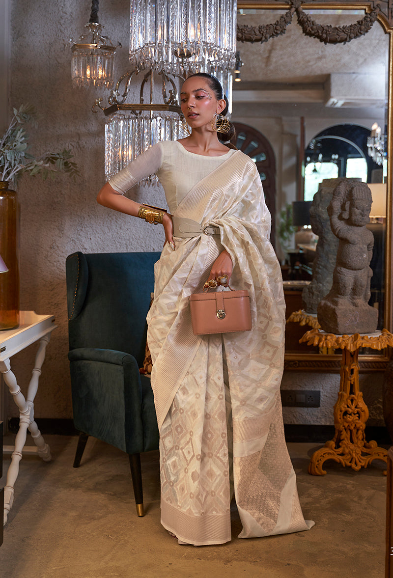 Monjolika Fashion Off White Color Linen Trendy Saree With Blouse | Grocsy
