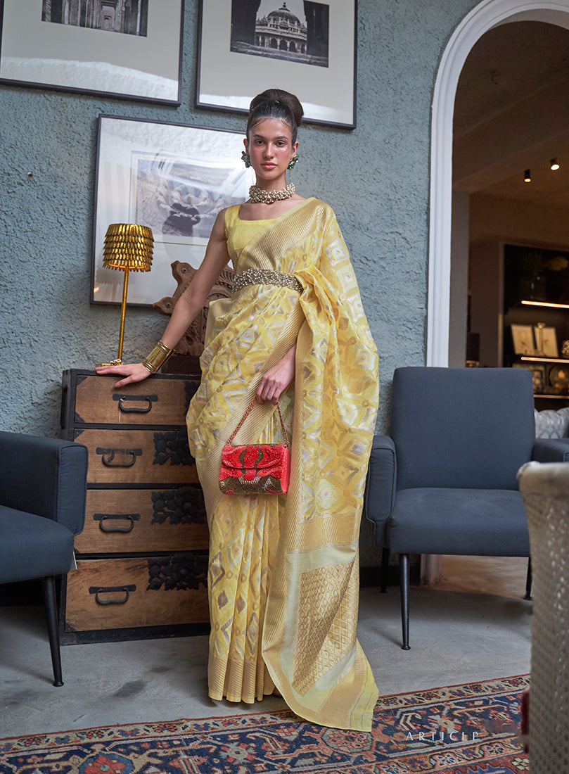 Monjolika Fashion Light Yellow Color Linen Trendy Saree With Blouse | Grocsy