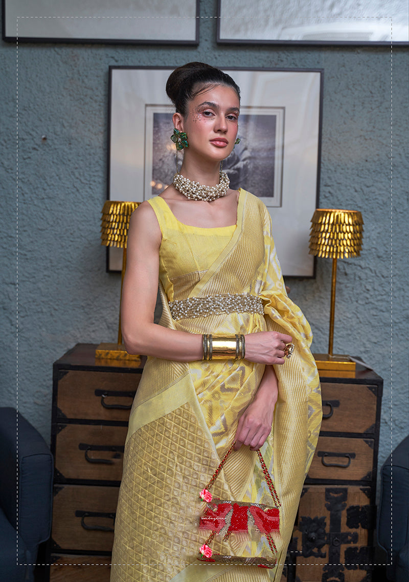 Monjolika Fashion Light Yellow Color Linen Trendy Saree With Blouse | Grocsy