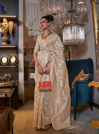 Monjolika Fashion Cream Color Linen Trendy Saree With Blouse | Grocsy