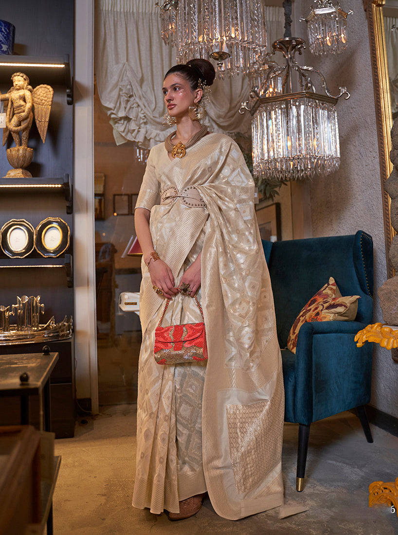 Monjolika Fashion Cream Color Linen Trendy Saree With Blouse | Grocsy